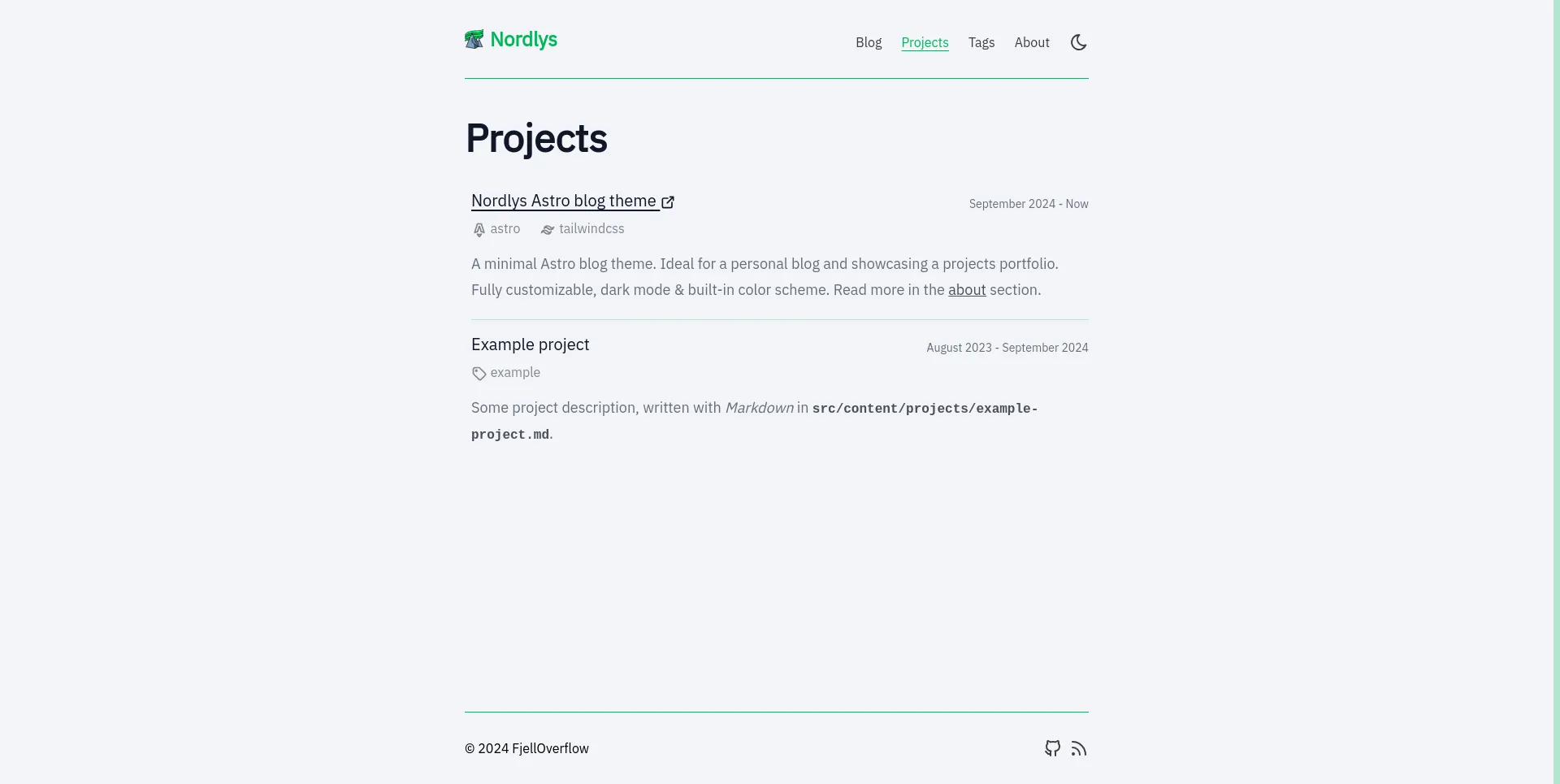 Nordlys projects page in light mode with aurora color scheme