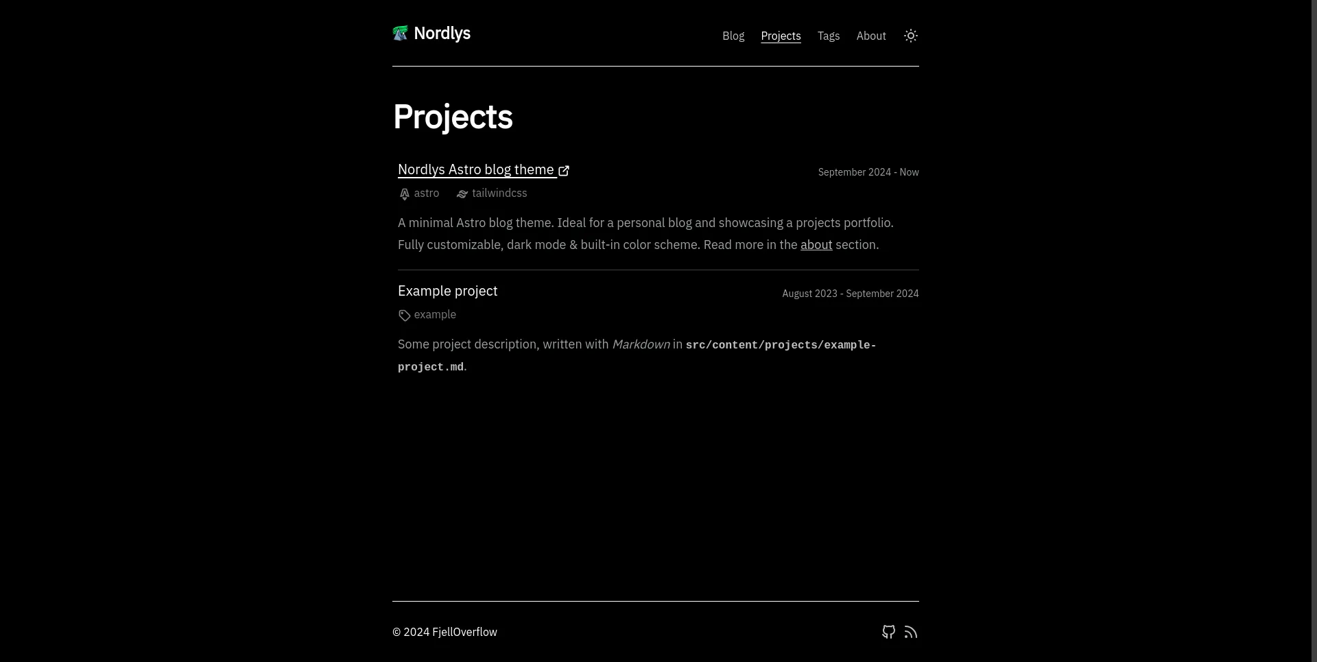 Nordlys projects page in dark mode with mono color scheme